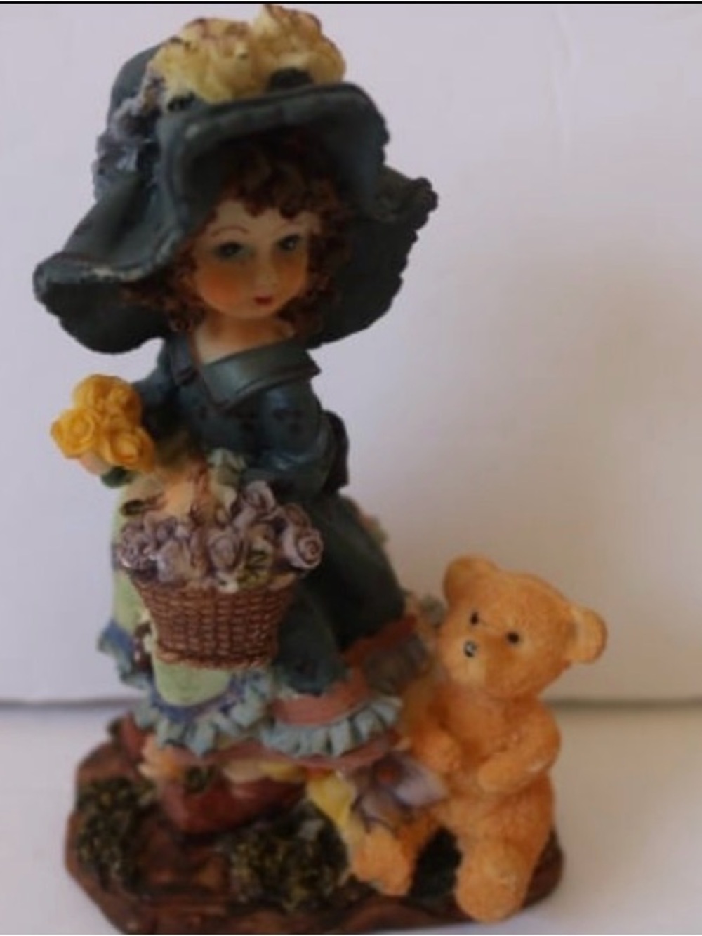 Vintage Little Girl With Flowers and Bear Figurine